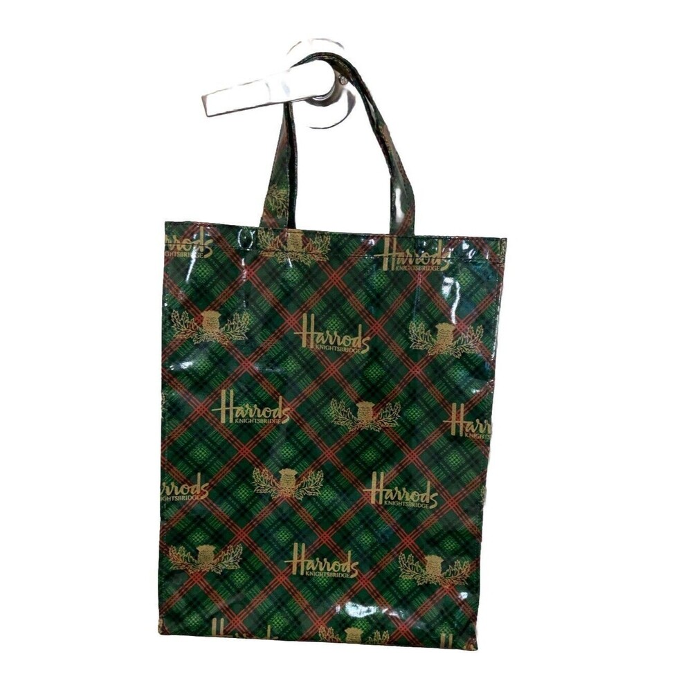 Harrods Knightsbridge Argyle Plaid Green Red & Black Vinyl Shopping Bag Tote